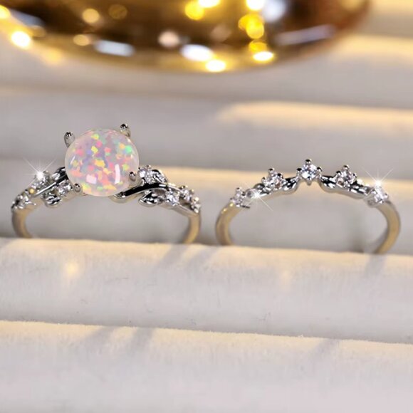 NEW 14k White Gold Opal Diamond Ring Band Set of 2 Rings - Picture 5 of 6